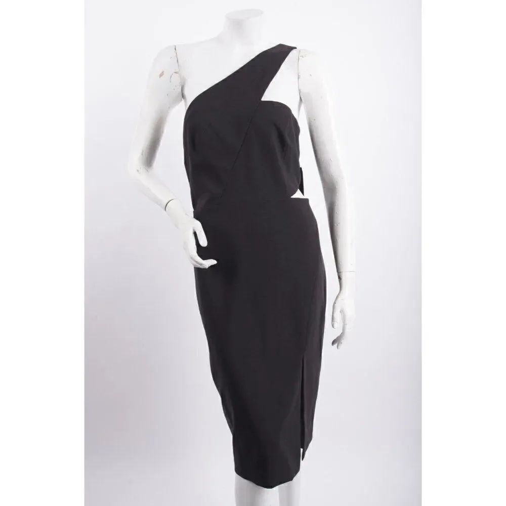 Aidan Mattox Womans Crepe Midi Dress One Shoulder Size US 14 Black cut out NWT